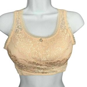 Women Beige Lace Bra US Sz M Adjustable Front Cross Side Buckle Wireless Lift